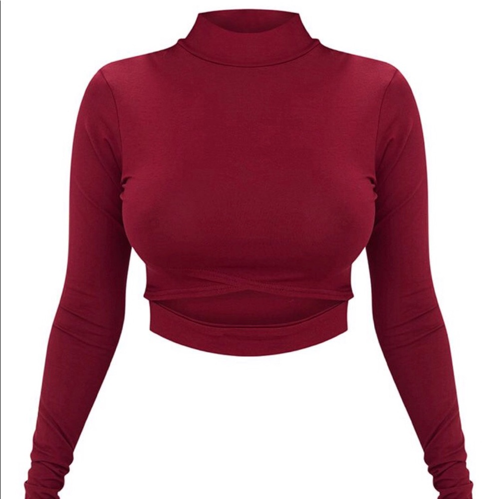 Burgendy open front long sleeve crop top